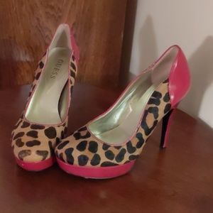 Size 7 Guess Cheetah Heels w/ red heel + sole